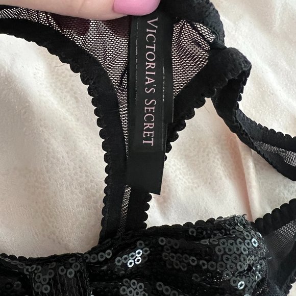 Victoria's Secret black sequin shimmer bow mesh thong panties underwear size M - Picture 4 of 10